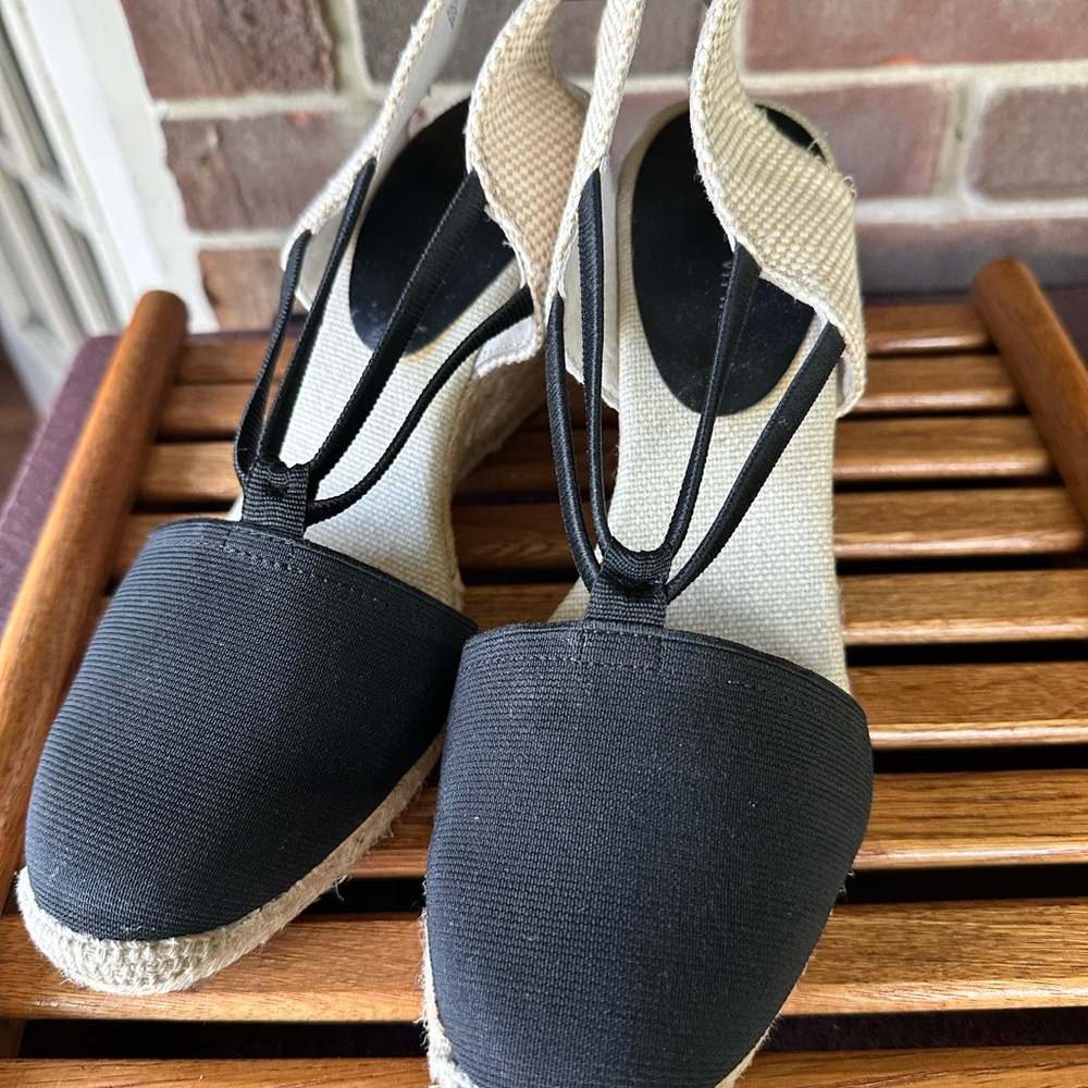 Adrienne Vittadini Black Canvas Espadrille Slingback Wedges